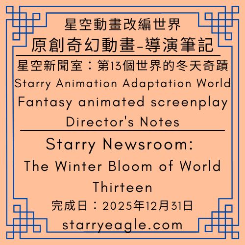 星空動畫改編世界｜導演筆記｜Starry Animation Adaptation World｜Director's Notes｜原創奇幻動畫｜星空新聞室：第13個世界的冬天奇蹟｜極光、老鷹與三色玫瑰：星空下的編年史｜Fantasy animated screenplay｜Starry Newsroom: The Winter Bloom of World Thirteen｜完成日：2025年12月31日 - 🟧10-1-5｜星空動畫改編世界｜Starry Animation Adaptation World - 蒼野之鷹(Starry Eagle)個人網站