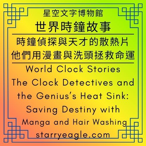 【哲學科幻小說】星空文字博物館・世界時鐘故事｜Starry Eagle Words Museum．World Clock Stories｜時鐘偵探與天才的散熱片：他們用漫畫與洗頭拯救命運｜Philosophical science fiction｜The Clock Detectives and the Genius’s Heat Sink: Saving Destiny with Manga and Hair Washing - 蒼野之鷹(Starry Eagle)個人網站