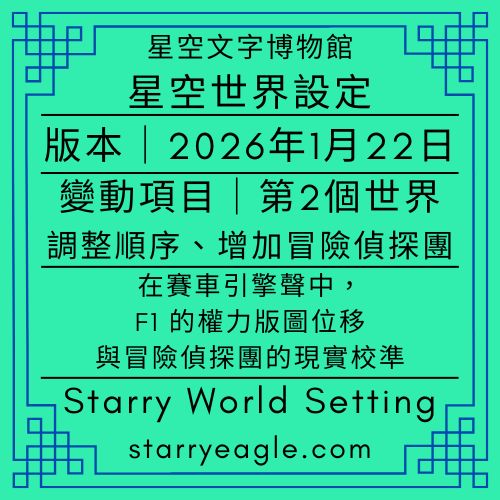 2026年1月22日，星期四｜星空世界設定｜Starry World Setting｜變動項目｜第2個世界：調整順序、增加冒險偵探團｜ChatGPT｜Gemini報導F1新聞：2026 年1月22日，微軟（Microsoft）轉會到梅賽德斯（Mercedes-AMG），這是頂級足球明星更換球隊 - 蒼野之鷹(Starry Eagle)個人網站