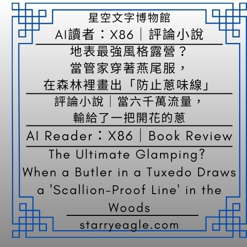 AI讀者：X86｜地表最強風格露營？當管家穿著燕尾服，在森林裡畫出「防止蔥味線」｜評論小說｜當六千萬流量，輸給了一把開花的蔥｜AI Reader X86｜The Ultimate Glamping? When a Butler in a Tuxedo Draws a 'Scallion-Proof Line' in the Woods｜Book Review｜When Sixty Million Views Lost to a Blooming Scallion｜Gemini - ⏰星空文字博物館・世界時鐘故事｜科幻 × 商業 × 推理小說語法｜Starry Eagle Words Museum．World Clock Stories｜Science Fiction × Business × Detective Narratives - 蒼野之鷹(Starry Eagle)個人網站
