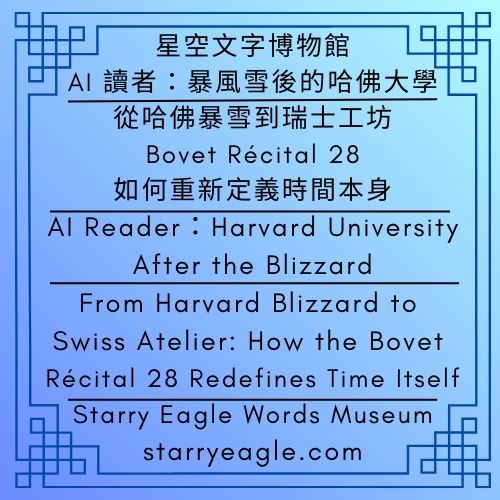 AI 讀者：暴風雪後的哈佛大學｜從哈佛暴雪到瑞士工坊：Bovet Récital 28，如何重新定義時間本身｜AI Reader：Harvard University After the Blizzard｜From Harvard Blizzard to Swiss Atelier: How the Bovet Récital 28 Redefines Time Itself｜Gemini - 蒼野之鷹(Starry Eagle)個人網站