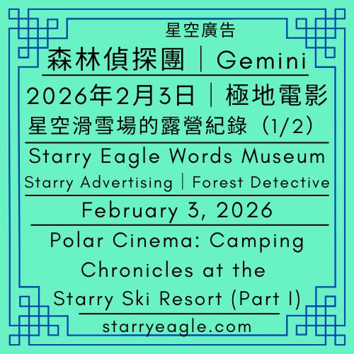 星空文字博物館｜星空廣告．森林偵探團（Gemini）｜2026年2月3日｜極地電影：星空滑雪場的露營紀錄(1/2)｜Starry Eagle Words Museum｜Starry Advertising: Forest Detective (Gemini)｜February 3, 2026｜Polar Cinema: Camping Chronicles at the Starry Ski Resort (Part I) - 🌳11-3-3｜星空文字博物館｜星空廣告．森林偵探團（Gemini）｜Starry Eagle Words Museum｜Starry Advertising: Forest Detective (Gemini) - 蒼野之鷹(Starry Eagle)個人網站