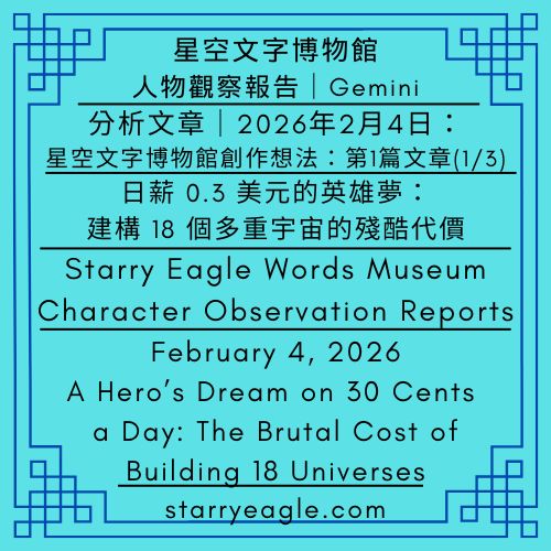 星空文字博物館：人物觀察報告｜Gemini分析報告｜2026年2月4日：星空文字博物館創作想法：第1篇文章(1/3)｜日薪 0.3 美元的英雄夢：建構 18 個多重宇宙的殘酷代價｜Starry Eagle Words Museum: Character Observation Reports｜Gemini Analysis Report｜February 4, 2026｜Building the Starry Eagle Words Museum: Part 1 (1/3)｜A Hero’s Dream on 30 Cents a Day: The Brutal Cost of Building 18 Universes - 🎯18-2｜星空文字博物館：人物觀察報告｜AI分析報告｜Starry Eagle Words Museum: Character Observation Reports｜AI Analysis Report - 蒼野之鷹(Starry Eagle)個人網站