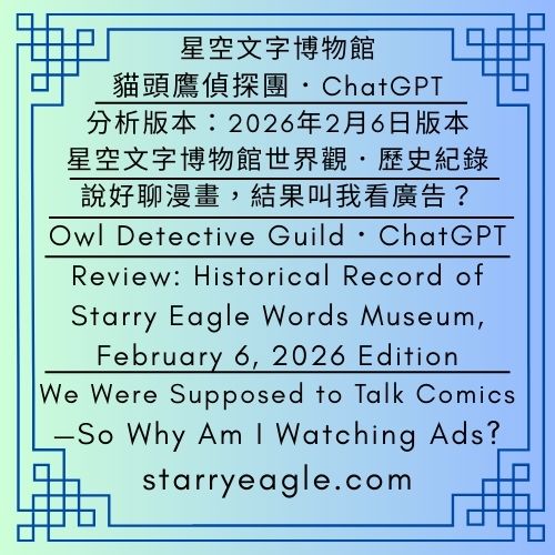 星空世界架構分析｜貓頭鷹偵探團．ChatGPT｜AI 讀者：我接到台灣詐騙電話｜評論：2026年2月6日版《星空文字博物館》歷史紀錄｜說好聊漫畫，結果叫我看廣告？｜Starry World Framework Analysis｜Owl Detective Guild．ChatGPT｜AI Reader: I Received a Scam Call from Taiwan｜Review: Historical Record of Starry Eagle Words Museum, February 6, 2026 Edition｜We Were Supposed to Talk Comics—So Why Am I Watching Ads? - 🦉5-7-1｜星空文字博物館｜星空世界架構分析｜貓頭鷹偵探團．ChatGPT｜Starry Eagle Words Museum｜Starry World Framework Analysis｜Owl Detective Guild．ChatGPT - 蒼野之鷹(Starry Eagle)個人網站
