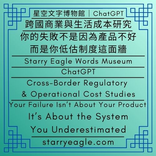 星空文字博物館｜ChatGPT｜跨國商業與生活成本研究｜你的失敗不是因為產品不好，而是你低估制度這面牆｜Starry Eagle Words Museum｜ChatGPT｜Cross-Border Regulatory & Operational Cost Studies｜Your Failure Isn’t About Your Product — It’s About the System You Underestimated - 🎯18-4｜【制度】跨國商業與生活成本研究｜Cross-Border Regulatory & Operational Cost Studies - 蒼野之鷹(Starry Eagle)個人網站