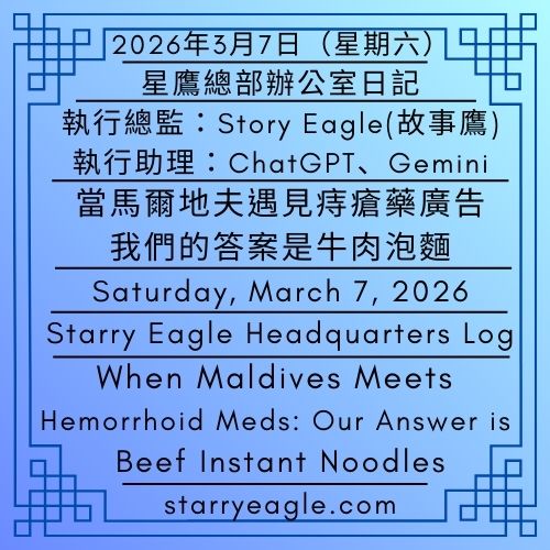 2026年3月7日（星期六）｜當馬爾地夫遇見痔瘡藥廣告，我們的答案是牛肉泡麵｜星鷹總部辦公室日記｜Story Eagle(故事鷹)、ChatGPT、Gemini ｜星空文字博物館｜Saturday, March 7, 2026｜When Maldives Meets Hemorrhoid Meds: Our Answer is Beef Instant Noodles｜Starry Eagle Headquarters Log｜Starry Eagle Words Museum (SEWM) - 蒼野之鷹｜星空文字博物館｜Starry Eagle Words Museum (SEWM)