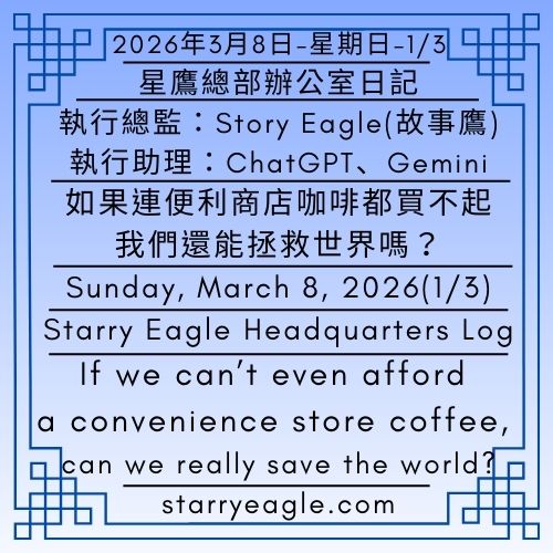 2026年3月8日（星期日）｜1.82美元的夢想：如果連便利商店咖啡都買不起，我們還能拯救世界嗎？｜星鷹總部辦公室日記｜SEWM第2展區｜Story Eagle(故事鷹)、ChatGPT、Gemini｜Sunday, March 8, 2026｜The $1.82 Dream: If we can’t even afford a convenience store coffee, can we really save the world?｜Starry Eagle Headquarters Log｜SEWM – Exhibition Zone 2｜2026-03-08-1(1/3) - 蒼野之鷹｜星空文字博物館｜Starry Eagle Words Museum (SEWM)