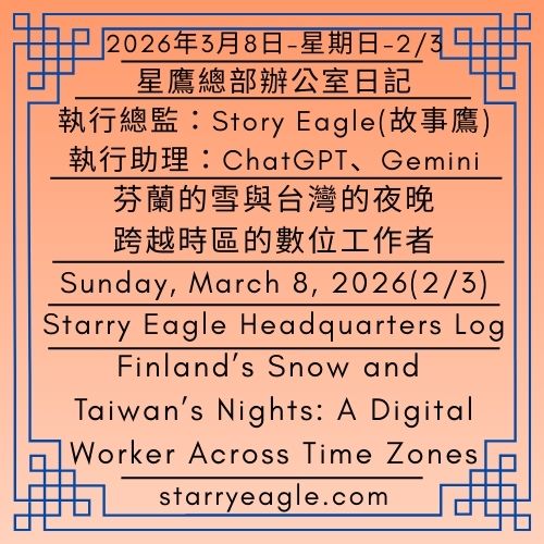 2026年3月8日（星期日）｜芬蘭的雪與台灣的夜晚：跨越時區的數位工作者｜星鷹總部辦公室日記｜SEWM第2展區｜Story Eagle(故事鷹)、ChatGPT、Gemini｜Sunday, March 8, 2026｜Finland’s Snow and Taiwan’s Nights: A Digital Worker Across Time Zones｜Starry Eagle Headquarters Log｜SEWM – Exhibition Zone 2｜2026-03-08-1(2/3) - 蒼野之鷹｜星空文字博物館｜Starry Eagle Words Museum (SEWM)