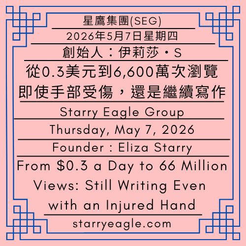 2026年5月7日星期四｜曼哈頓的維多利亞下午茶，與我桌上那杯奶茶｜從0.3美元到6,600萬次瀏覽：即使手部受傷，還是繼續寫作｜創始人：伊莉莎・S｜Thursday, May 7, 2026｜A Victorian Afternoon Tea in Manhattan, and the Milk Tea on My Desk｜From $0.3 a Day to 66 Million Views: Still Writing Even with an Injured Hand｜Founder : Eliza Starry - 蒼野之鷹(SEWM)｜星空文字博物館｜Starry Eagle Word Museum (SEWM)