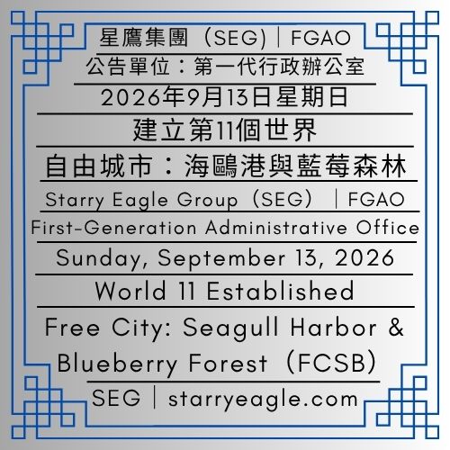 2026年9月13日星期日｜建立第11個世界｜自由城市：海鷗港與藍莓森林(FCSB)｜公告單位：第一代行政辦公室(FGAO)｜Sunday, September 13, 2026｜World 11 Established｜Free City: Seagull Harbor & Blueberry Forest（FCSB）｜Issued by: First-Generation Administrative Office（FGAO） - 🌵公告單位：自由城市：海鷗港與藍莓森林(FCSB)｜星鷹集團(SEG)｜Issued by: Free City: Seagull Harbor & Blueberry Forest（FCSB）｜Starry Eagle Group (SEG) - 蒼野之鷹｜星鷹集團｜Starry Eagle｜Starry Eagle Group（SEG）