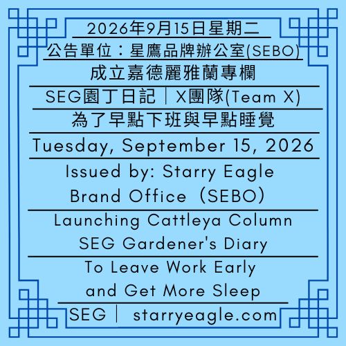 2026年9月15日星期二｜成立嘉德麗雅蘭專欄｜SEG園丁日記｜公告單位：星鷹品牌辦公室(SEBO)｜Tuesday, September 15, 2026｜Launching Cattleya Column｜SEG Gardener's Diary｜Issued by: Starry Eagle Brand Office（SEBO） - 蒼野之鷹｜星鷹集團｜Starry Eagle｜Starry Eagle Group（SEG）