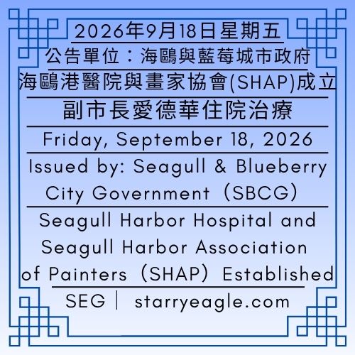 2026年9月18日星期五｜海鷗港醫院與畫家協會成立｜畫家記錄城市｜副市長愛德華住院治療｜公告單位：海鷗與藍莓城市政府（SBCG）｜Friday, September 18, 2026｜Seagull Harbor Hospital and Seagull Harbor Association of Painters Established｜Painters Document the City｜Deputy Mayor Edward Receives Hospital Treatment｜Issued by: Seagull & Blueberry City Government（SBCG） - 🟨11-A-12｜海鷗港畫家協會(SHAP)｜港口畫家｜帆船、海鷗、蒸汽火車、港口倉庫｜Seagull Harbor Association of Painters（SHAP）｜Harbor Painters｜Sailboats, Seagulls, Steam Trains, Harbor Warehouses - 蒼野之鷹｜星鷹集團｜Starry Eagle｜Starry Eagle Group（SEG）