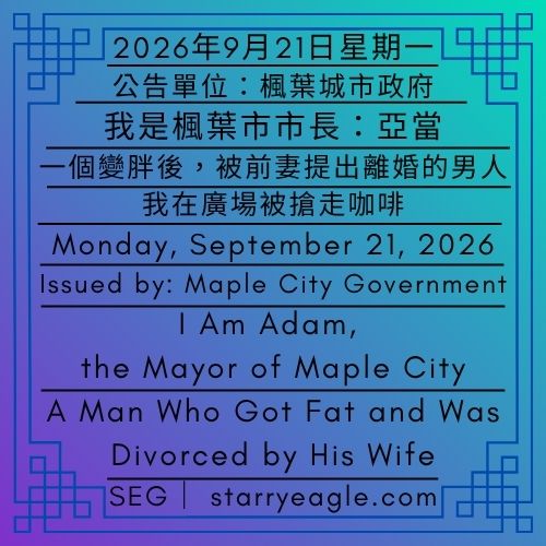2026年9月21日星期一｜我是楓葉市市長亞當｜一個變胖後，被前妻提出離婚的男人｜公告單位：楓葉城市政府(MCG)｜Monday, September 21, 2026｜I Am Adam, the Mayor of Maple City｜A Man Who Got Fat and Was Divorced by His Wife｜Issued by: Maple City Government (MCG) - 🌵楓葉市(MCG)市長：亞當｜變胖後被前妻離婚、咖啡在廣場被搶｜Mayor of Maple City (MCG)：Adam｜Got divorced after gaining weight, had his coffee stolen in the City Plaza - 蒼野之鷹｜星鷹集團｜Starry Eagle｜Starry Eagle Group（SEG）