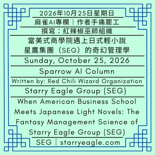 2026年10月25日星期日｜星鷹集團(SEG)的奇幻管理學｜寫小說還是營運跨國公司？分析星鷹集團背後的創作工程｜麻雀AI專欄｜撰寫：紅辣椒巫師組織 ｜Sunday, October 25, 2026｜The Fantasy Management Science of SEG ｜Writing a Novel or Running a Multinational Corporation? The Creative Engineering Behind Starry Eagle Group（SEG）｜Sparrow AI Column｜Written by: Red Chili Wizard Organization - 蒼野之鷹｜星鷹集團｜Starry Eagle｜Starry Eagle Group（SEG）