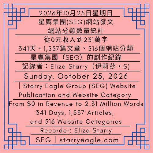 2026年10月25日星期日｜341天、1,537篇文章、516個網站分類｜星鷹集團(SEG)的創作紀錄｜星鷹集團(SEG)網站發文、網站分類數量統計｜記錄者：伊莉莎・S｜Sunday, October 25, 2026｜341 Days, 1,537 Articles, and 516 Website Categories｜The Creative Record of Starry Eagle Group (SEG)｜Starry Eagle Group (SEG) Website Publication and Website Category Statistics｜Recorder: Eliza Starry - 蒼野之鷹｜星鷹集團｜Starry Eagle｜Starry Eagle Group（SEG）